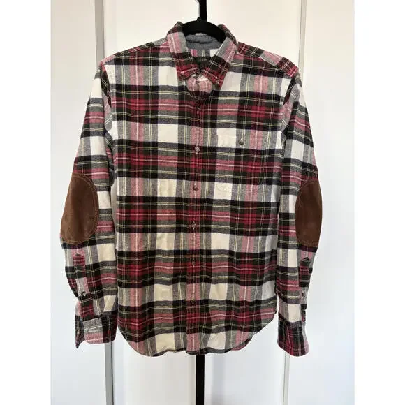J. Crew Men's Flannel Plaid Suede Elbow Patch Wool Shirt S