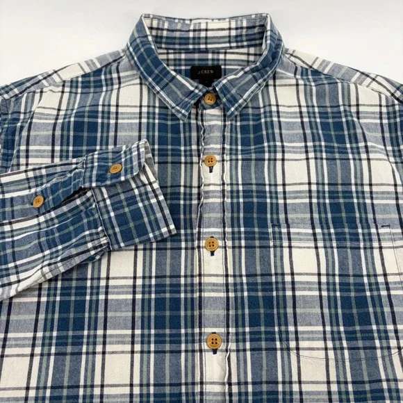 J. Crew Mens Large Blue White Plaid Cotton Long Sleeve Button Down Shirt
