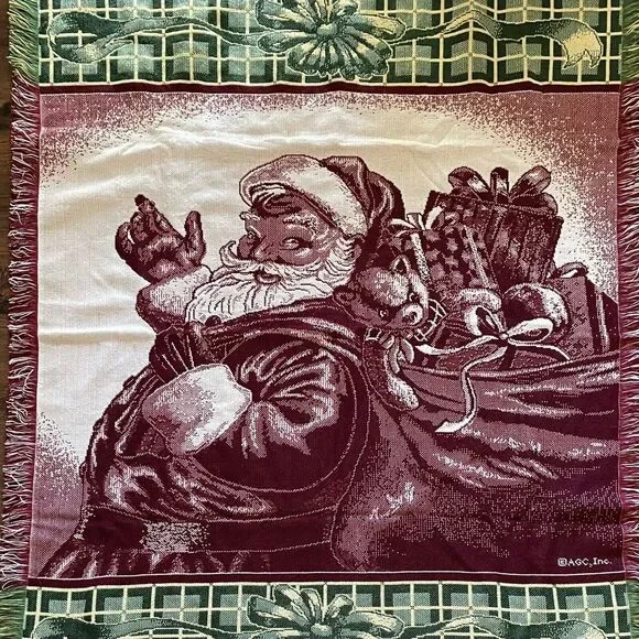 VTG Santa Claus Christmas Woven Tapestry Throw Blanket Gifts Plush‎ Tassel Trim