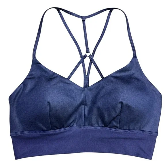 Alo Yoga Navy Blue Strappy Crisscross Back Sports Bra Medium V-Neck Metallic