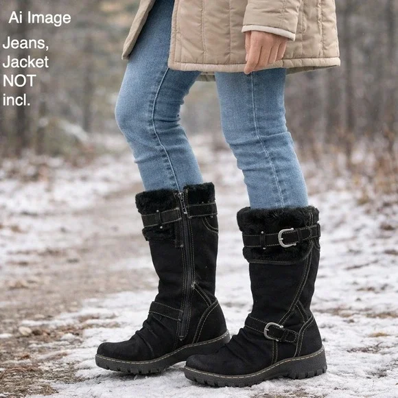 BareTraps Bakan Women 8M Black Suede‎ Faux Fur Lined Mid Calf Boots Cozycore