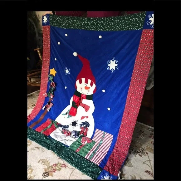 Rare Vintage 1970’s Handmade Snowman 4 Foot Holiday Quilt