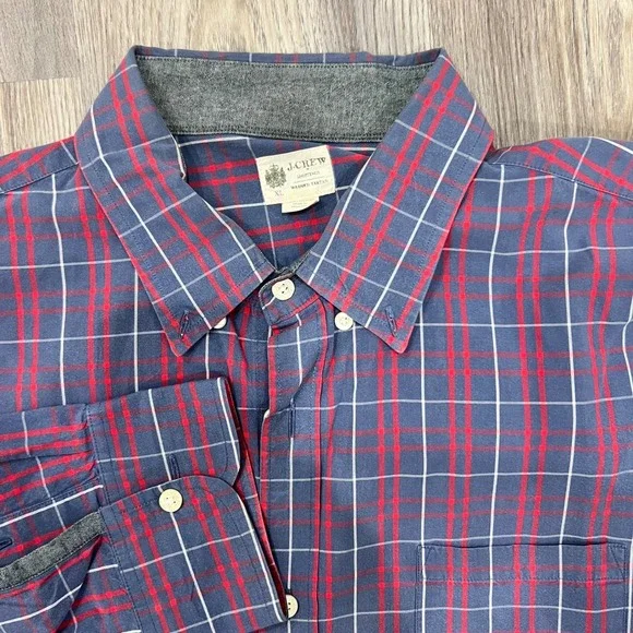 J.Crew Mens XL Washed Tartan Plaid Button Down Shirt Blue Red Long Sleeve Cotton