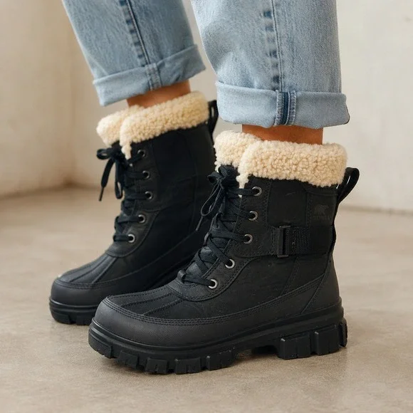 Sorel Brex Winter Snow Boot Waterproof Women 8.5 Black Shearling Lined Gorpcore