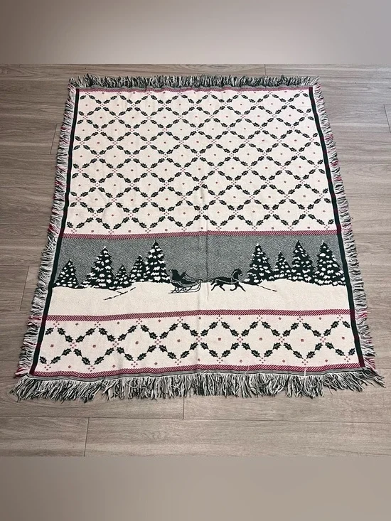 Vintage Christmas Horse Sleigh Woven Throw Blanket Reversible Fringe