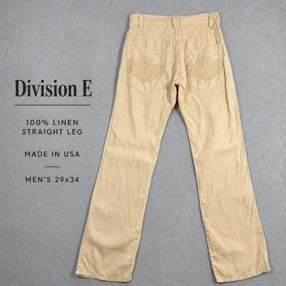 Division E Mens 29x34 Tan Beige 100% Linen Straight Leg Embroidered Pants USA
