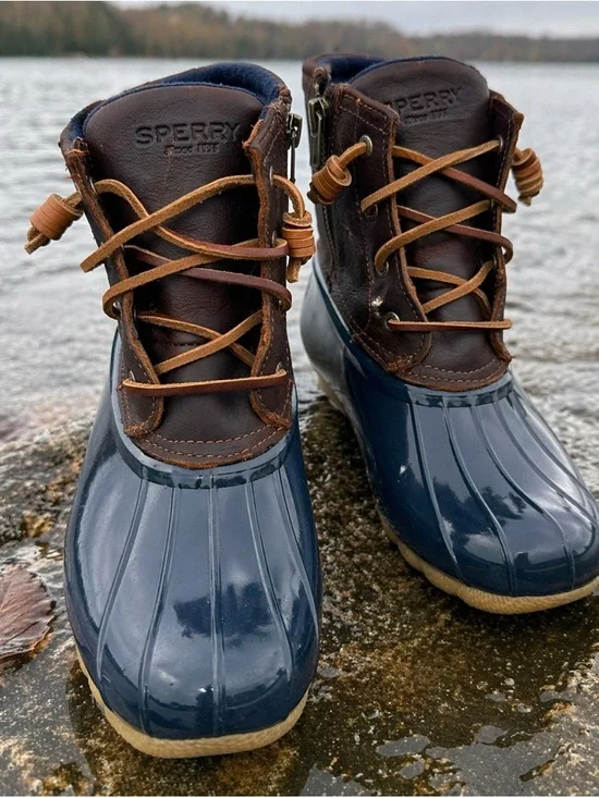 Sperry Saltwater Duck‎ Boots Tan & Navy Leather Waterproof Women’s 6M NEW