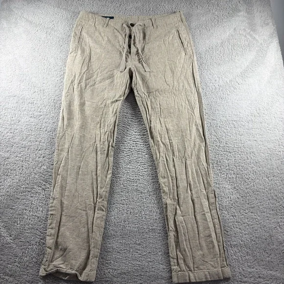 Perry Ellis Linen Blend Pants Mens 34x32 Tan Khaki Button Fly Lightweight Dress