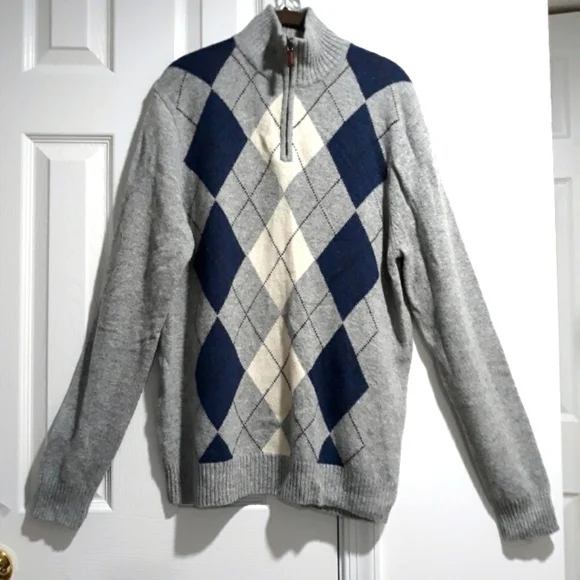 J. Crew Men's Sweater 100% lambswool gray blue and white size Large