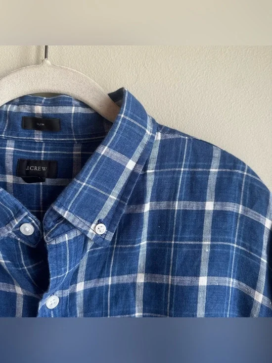 J.Crew Baird McNutt Irish Linen Shirt Blue Plaid Slim Button Long Sleeve