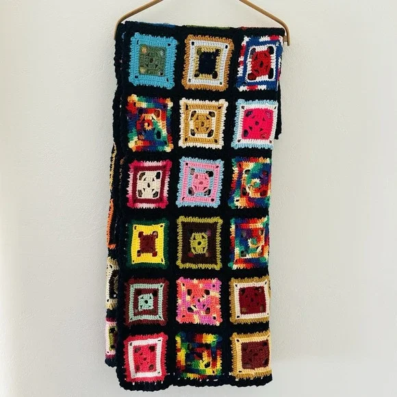 VTG Crochet Granny Square Roseanne Black Multicolor Afghan Throw Blanket 70