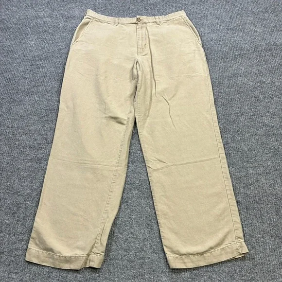 IZOD Mens Chino Pants Size 36x32 Beige Cotton Linen Flat Front High Rise