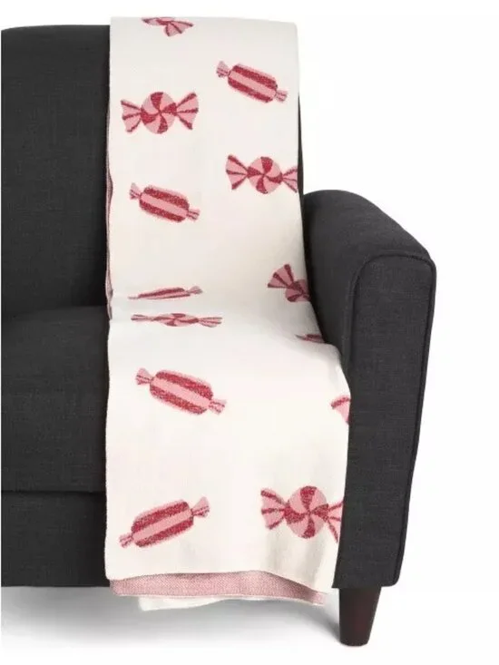 JINGLES & JOY Christmas Peppermint Candy Throw 50x70 Red Cream Holiday Blanket