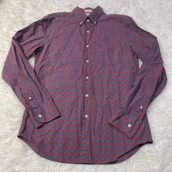 J.Crew Slim Secret Wash Stretch Button Up Shirt Red Blue Plaid Mens Small
