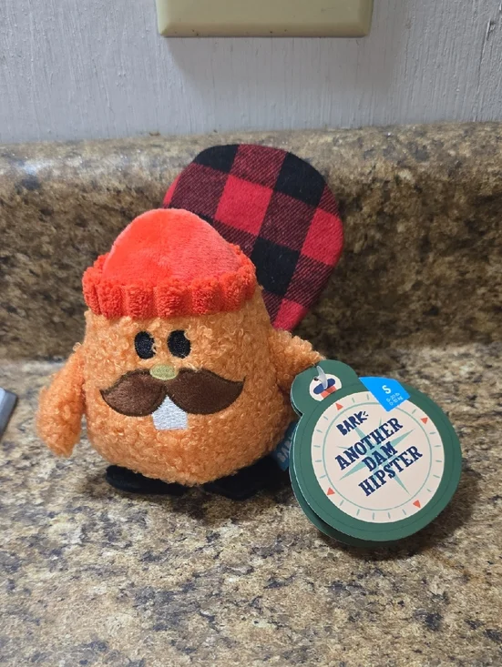 BARK Another Dam Hipster Dog Toy Orange  with Plaid Accent NWT Size Small