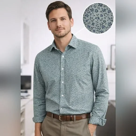 J.Crew Slim Fit Floral Button-Down Shirt Sage Green Cotton Stretch L Preppy