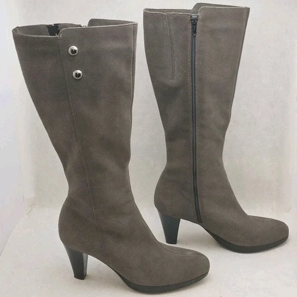EUC La CANADIENNE Taupe Suede Non-Slip Lined Winter Boots Mid-Calf Women Size 8M