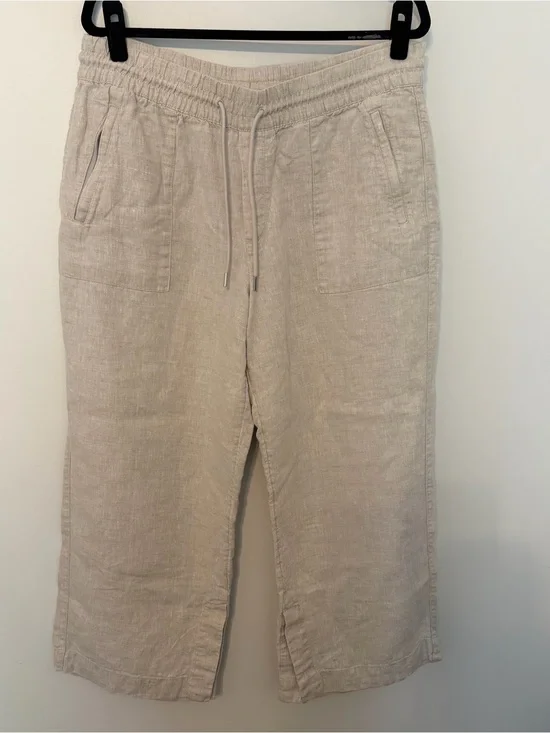 Athleta 100% Linen Wide Leg Crop Pants Oatmeal Beige Drawstring Large Petite