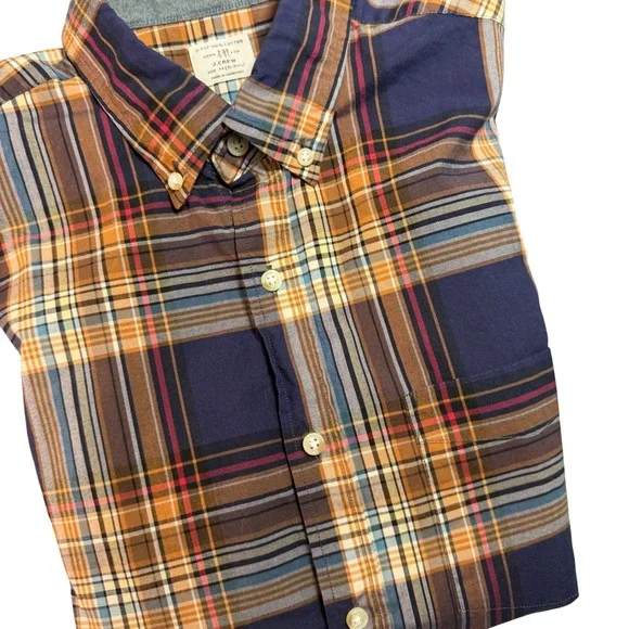 J.Crew Mens Medium Plaid Button Down Shirt 2-Ply 100% Cotton Navy Orange LS