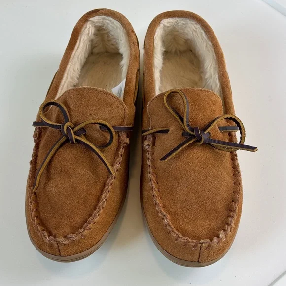 J.Crew Tan Leather Slippers Moccasin Faux Fur‎ Lined Size 10 Men  Cozy