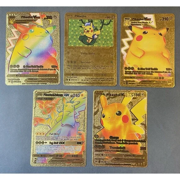 Pokemon Pikachu Rainbow Gold Full Art Fan Art Novelty Card Lot (5) VMAX Tag Team