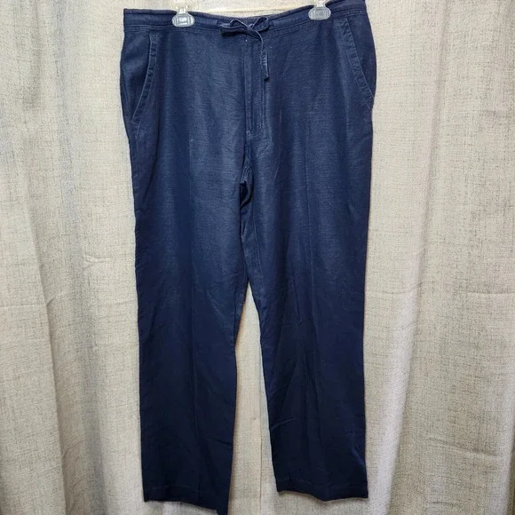 Cubavera Linen Blend‎ Pants Men's LG Navy Blue Drawstring Pockets Casual Relaxed