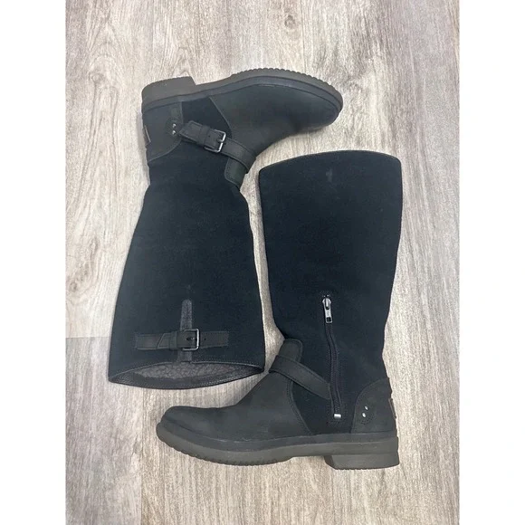 UGG Women's Thomsen Black Suede Leather Tall Buckle Boots Size 7 US 38 EU