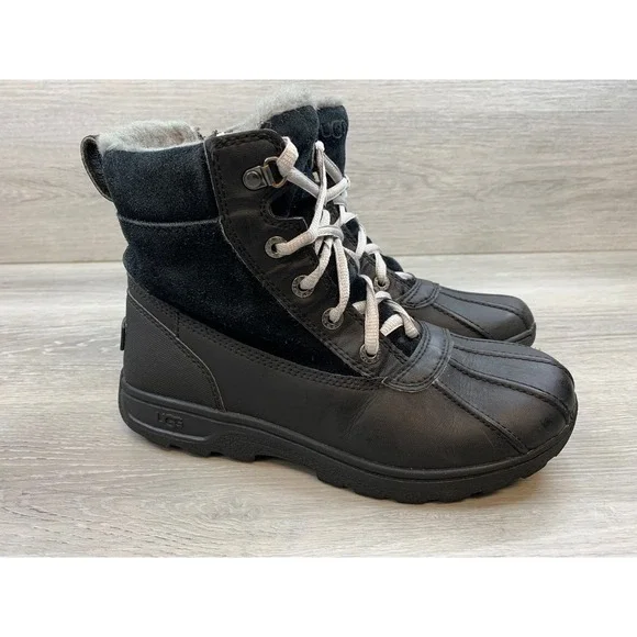 UGG Adirondack III Women's Boots Black Leather‎ Suede Fur Lined Side Zip Shoes