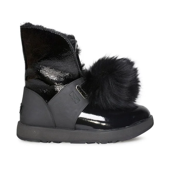 Women's UGG Winter & Rain Boots Black Patent Fur Pom size 6.5