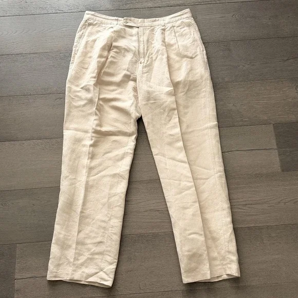 Tommy Bahama Dress Pants Mens 36x32 Beige Linen Silk Pleated Herringbone Summer