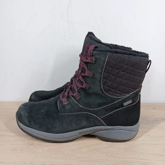 Merrell Blackcherry Boots Womens 8.5 Insulated Lace Up Black Leather Winter