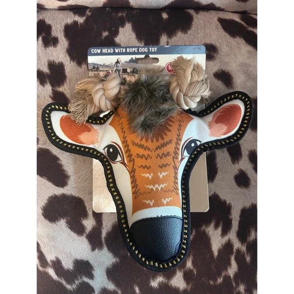 MuttNation Cow Head Rope Dog Toy Medium Brown White Squeaker Western Tug Toy