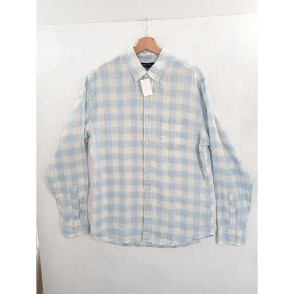 J.Crew Shirt Sz L Men's Blue White Slim Linen Plaid Button Up Long Sleeve