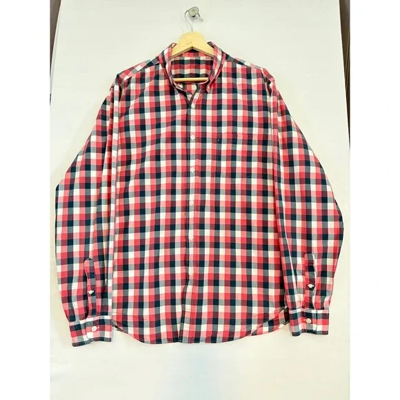 J.Crew Mens Lightweight Cotton Gingham Button‎ Down Shirt Red Navy Large
