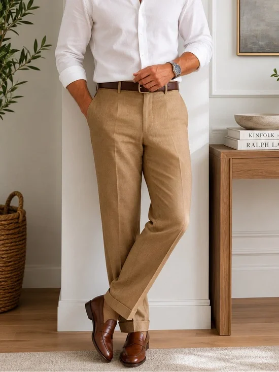 Brooks Brothers 1818 Fitzgerald Linen Dress Pants Tan Cuffed W38 Classic Fit