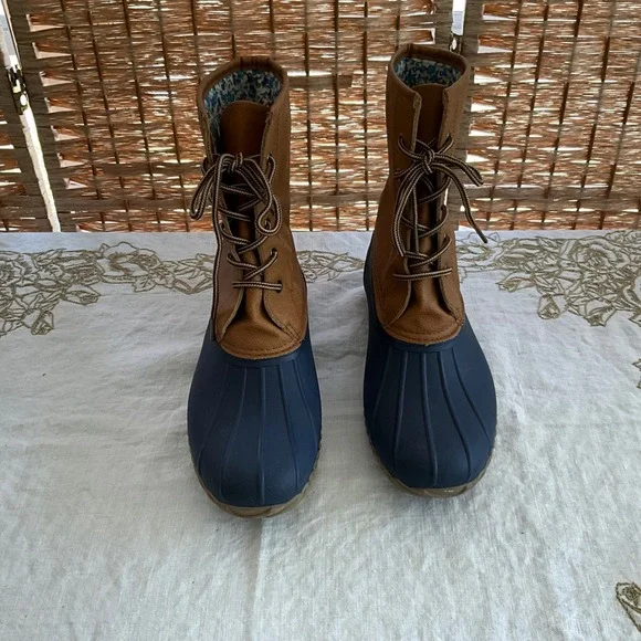 Blue Suede‎ Womens Shoes Duck Boots Navy Cognac Tan Floral Lined Lace Up Size 10