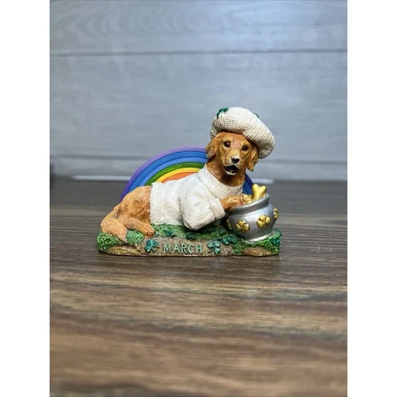 Danbury Mint March Golden Retriever Calendar Dog‎ Figurine Rainbow Pot of Gold