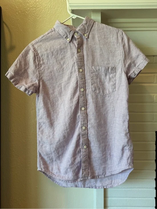 J.Crew Linen Blend Short Sleeve Button Down Shirt Purple Gingham Size Small