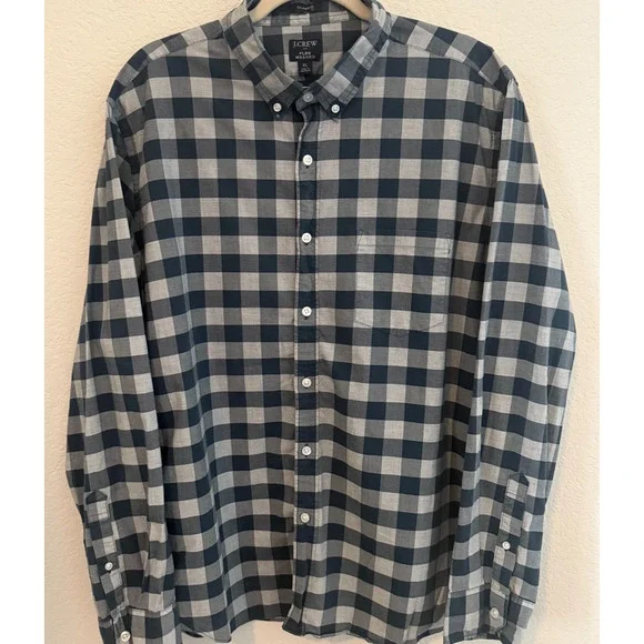 J.Crew Mens XL Flex Washed Button Down Shirt Blue Check Plaid LongSleeve Classic