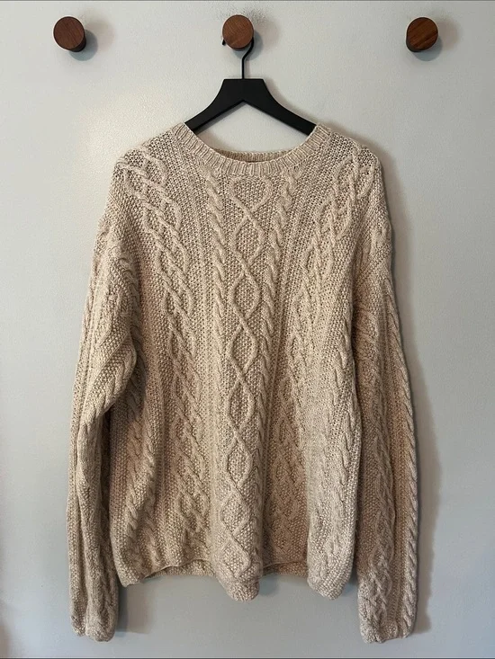 J. Crew Oarsman 100% WOOL Fisherman Sweater Beige/Oatmeal Men's Size Large