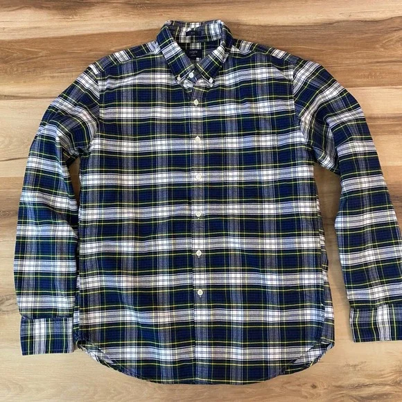 J. Crew Slim Oxford Shirt Mens Large Tartan Plaid Blue Green Yellow Button Down