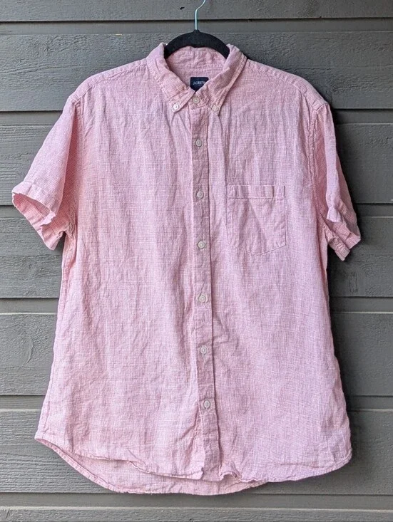 J. Crew Factory Short-Sleeve Linen-Blend Shirt Seasoned Red Houndstooth Large