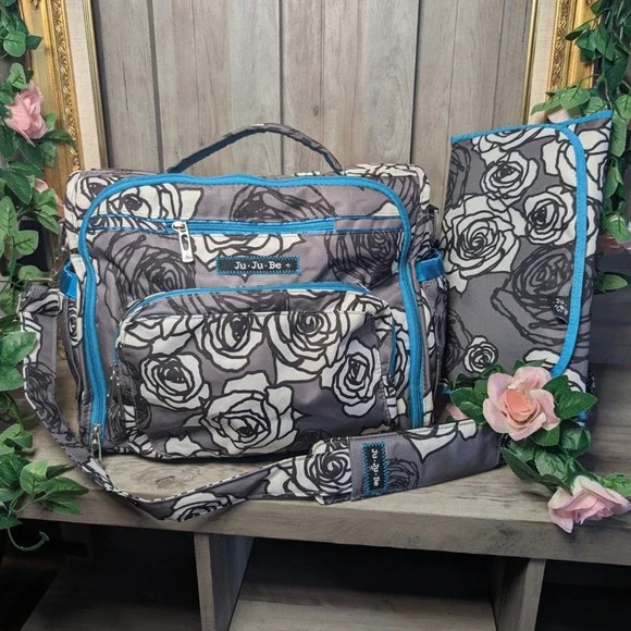 Ju-Ju-Be Gray Rose Floral Diaper Bag w/ Changing Pad Large Baby Travel Bag