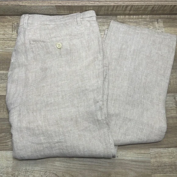 Corridor New York Mens 34 Herringbone Linen Trousers Beige Straight Leg Slacks