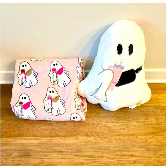 NWT VIRAL HEY BOO BLANKET & RARE PINK TUMBLER & SLING GHOST PILLOW BUNDLE $75