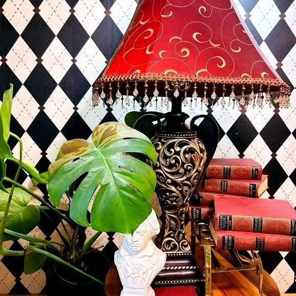 Moody Vintage Table Lamp‎ with Deep Burgundy Shade| Ornate Baroque Decor