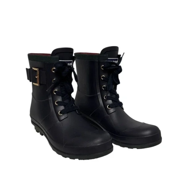 Tommy Hilfiger Spring Lace Up Buckle Rain Boots Ankle‎ Mid Calf Navy Blue 7