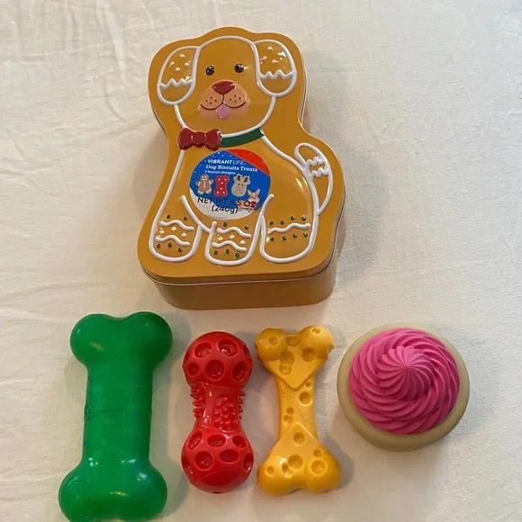 Dog Toy Collection with Cute Treat Tin (5 items total)
