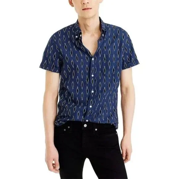J. Crew Short-sleeve linen-cotton shirt in leaf print, men's small, blue/black