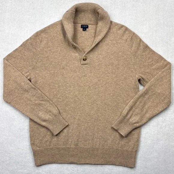 J.Crew Shawl Collar Sweater Mens Large L Heathered Tan Lambs Wool Blend Pullover